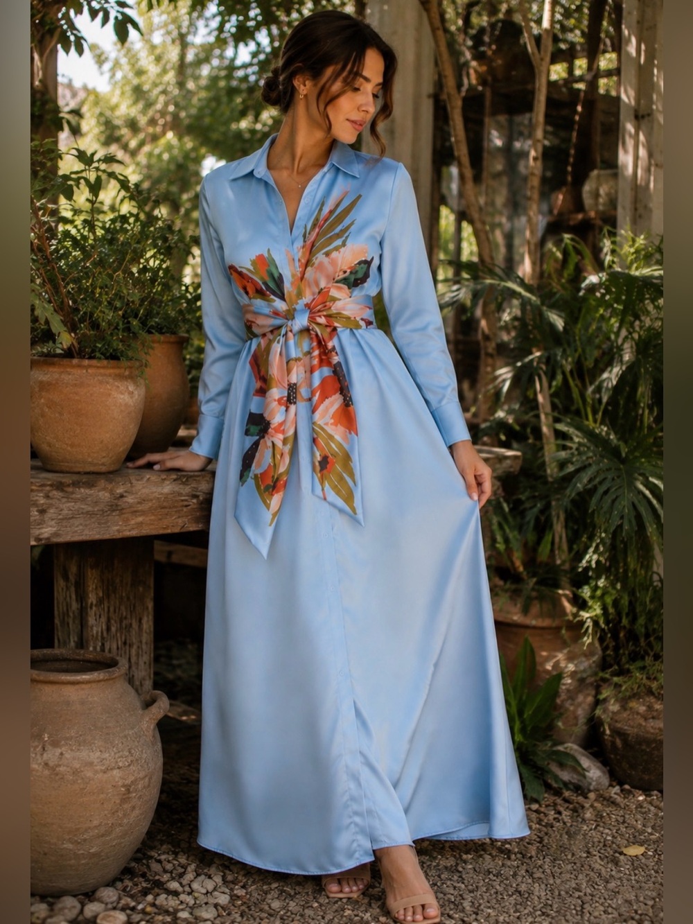 Blue Satin Maxi Dress with Floral Sash